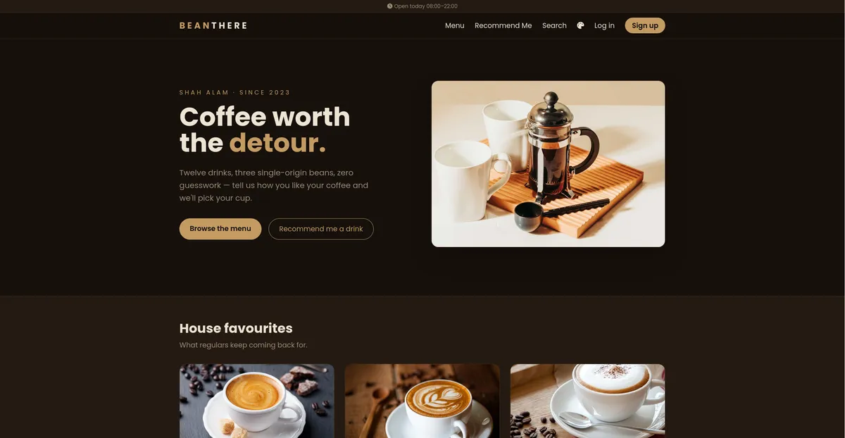 BeanThere landing page — 'Coffee worth the detour' hero with menu and drink-recommender buttons