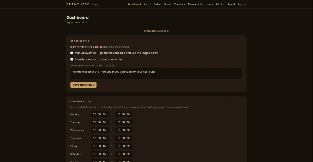 BeanThere admin dashboard — store status toggle and opening-hours editor