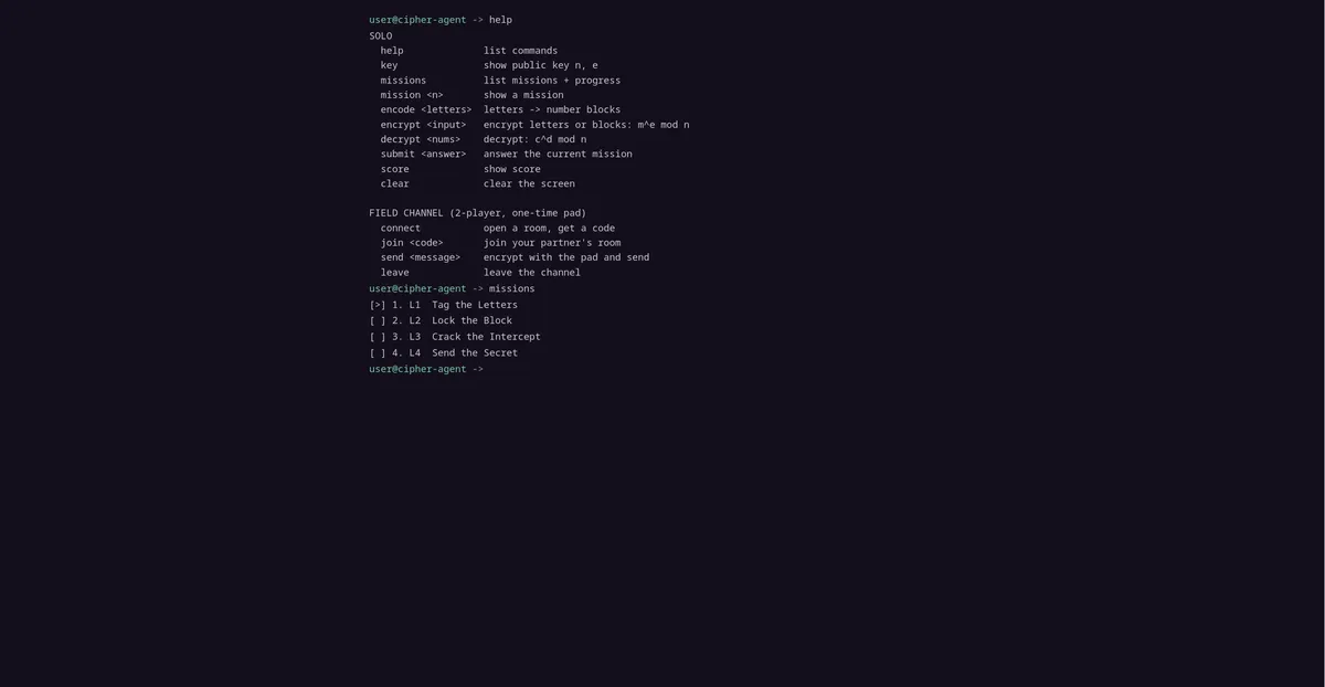 cipher-agent terminal — help output listing solo cipher missions and the two-player field channel