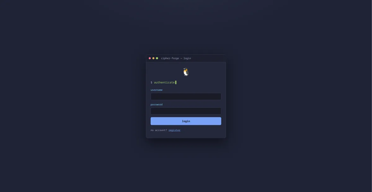 cipher-forge login — terminal-style window with username and password fields