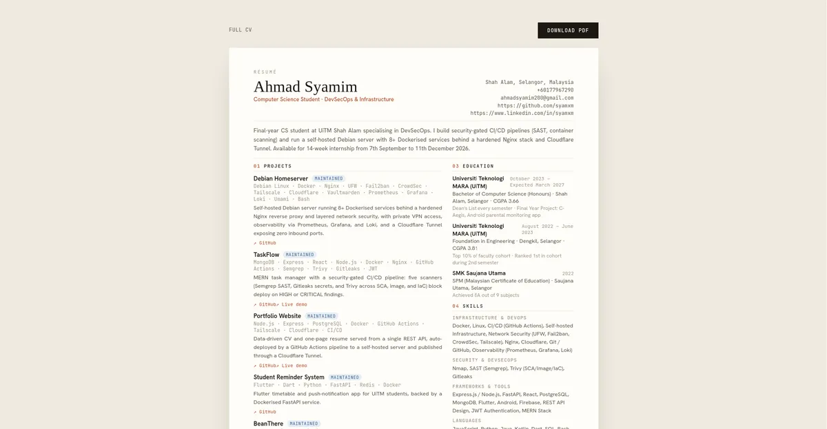 cv.syamxm.com — resume page served from the CV REST API, with PDF download