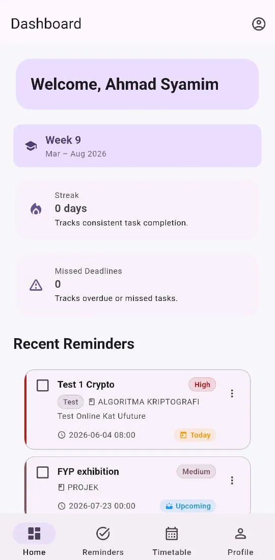 Student reminder app home — semester week, streak counter, and upcoming deadline cards